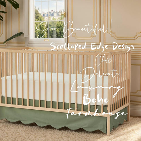 Brandream Scallop Edge Cotton Crib Skirt Toddler Bedskirt Baby Nursery Crib Bed Skirt Boho Bohemian Neutral Solid Color