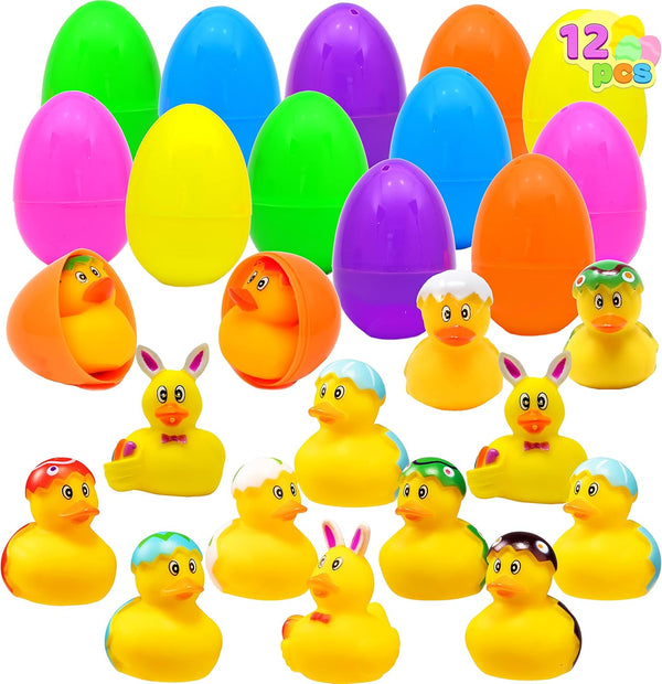 JOYIN 12 Pcs Filled Easter Eggs with Rubber Duck and Rabbit Duckies,
