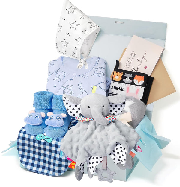 Golray 9pcs Baby Shower Gifts for Boys Newborn Kit, Blanket/Elephant Soothe/Fabric Book/Bodysuit/Bib/Sock/Hat/Greeting