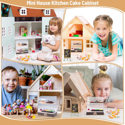 86 Pieces Miniature Bakery Case, Cake Stand Display Cabinet with Food Set, Mini Plastic Counter for Doll House