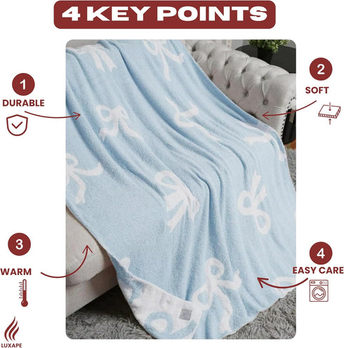 Cozy 50x60 Bow Blanket Blue Bows Soft Throw Blanket Reversible Premium Fabric for Best Comfort