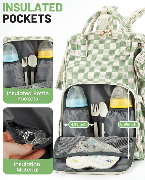 fufazfo Backpack, Corduroy Diaper Bag Large Capacity Multifunction Baby Diaper Bags for Women, Insulated Bottle Pockets