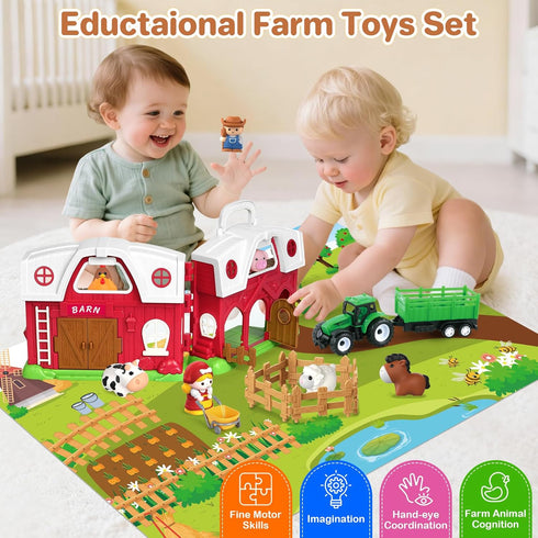 1 2 3 Set Toddler Toys for Years Old Boys and Girls, Farm Animals Big Barn Toy, Farm Animal with Farms Play Mat