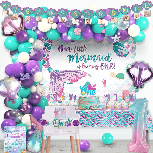 Fiesec Mermaid Birthday Decorations 1 Year Old Girl, Mermaid 1st Party Decorations Backdrop