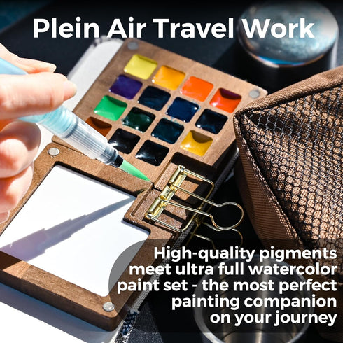 Set, 15-Color Funto Mini Watercolor Paint All-in-One Walnut Wood Premium Pocket Travel Paint Kit, with Crossbody