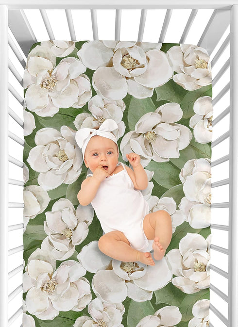 Sweet Jojo Designs Sage Green Boho Flower Floral Girl Baby Fitted Crib Sheet Infant Newborn Nursery Toddler Bed Room