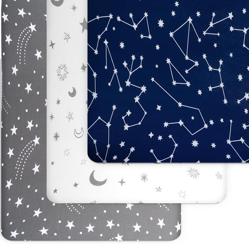 Fitted Pack n Play Sheets 3-Pack by GROW WILD, Baby Mini Crib Sheet for Boys or Girls, Blue White Gray Stars