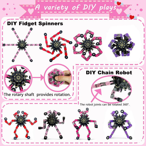 Bailiyake 24 Set Valentines Day Cards for Kids Classroom,Fingertip Spinner Sensory Toys with Cards,Transformable Chain