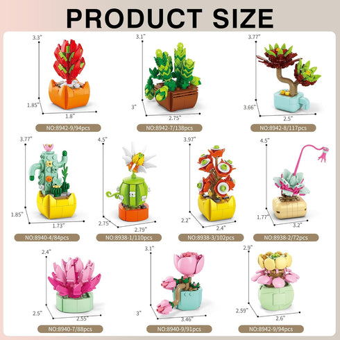 10 Pack Set 990 Sawaruita Succulent Mini Plant Building Blocks for Adults - Pcs Flower Botanical Collection Home Office