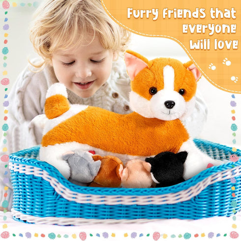 Honoson Nurturing Dog Stuffed Animal with Puppies Set, Nursing Mommy Dog Plush with 4 Baby Puppies