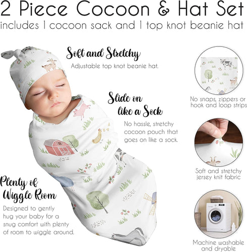 Set Sweet Jojo Designs Farm Animals Boy Girl Cocoon and Beanie Hat Jersey Stretch Knit Sleeping Bag for Infant Newborn