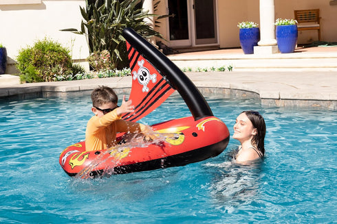 Poolmaster Inflatable Pirate Boat Pool Float for Kids, Baby Rider Boat with Seat, Pirate Ship Inflatable with Mast, Oar