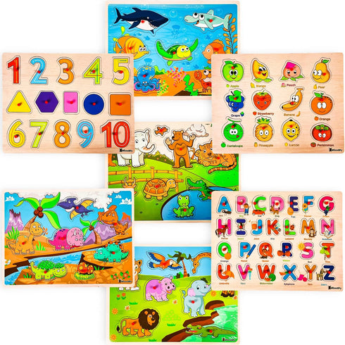 WOOODLIFY 7 Pack 2 3 4 5 7 2-5, Wooden Puzzles for Toddlers Years Old - Colorful Chunky Wood Peg Puzzles for Kids Ages