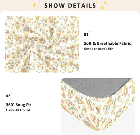 Jynexis 52x28 Ice Cream Flowers White Pattern Baby Crib Sheets, Cotton Fitted Crib Sheet, Soft Breathable, Fits