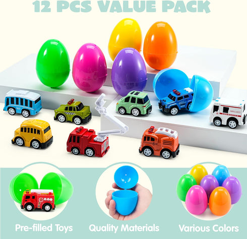 12 JOYIN Pcs Prefilled Easter Eggs with Toys, Plastic Eggs with Cute Pull Back Cars, Easter Basket Stuffers, Party