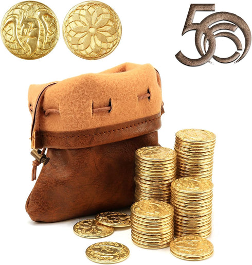 50 PCS Gold Coins & PU Leather Bag - DND Metal Coins for Board Games, Fantasy Coins as Game Tokens