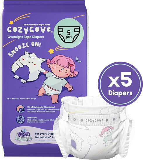 Cozycove 5 (28-39 lbs) Snooze 5 Count Pack Size XL Diapers | Totally Chlorine Free, Fragrance Free | Wetness Indicator