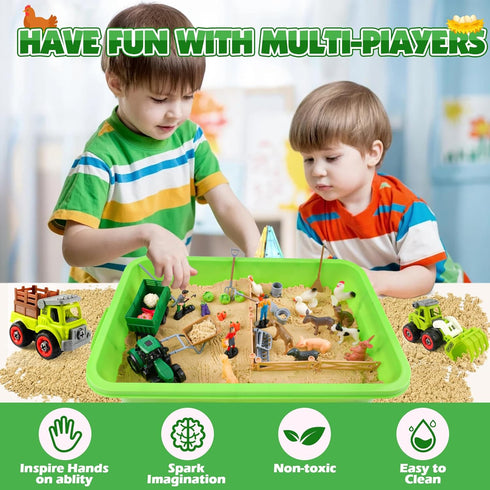 MYDOVA 43 2.2lbs Playset, 3 4 5 6 7 8+ Farm Sensory Bin, Pcs Play Sand Farm Toys Farm Animal Trucks Toys with Play