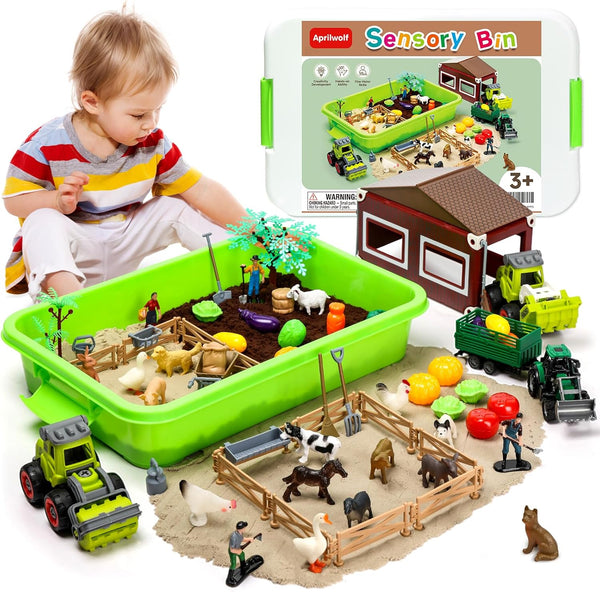 Aprilwolf 69 PCS Farm Sensory Bin Toys Playset, Sandboxes with Sand, Farmer