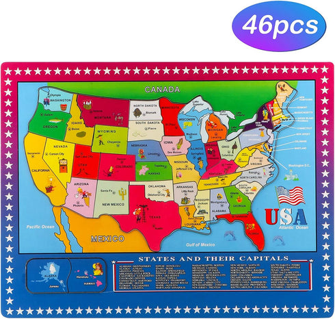 Wondertoys 46 Pieces Wooden USA Map Puzzle - Educational Geography Puzzles for Kids, US Map Puzzle for Boy Girl