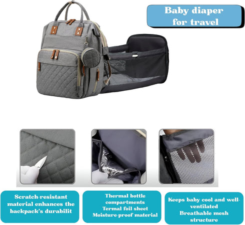 Sweet BB Backpack Baby Diaper with Changing Pad, Waterproof, USB Port, Large Capacity (Gray)
