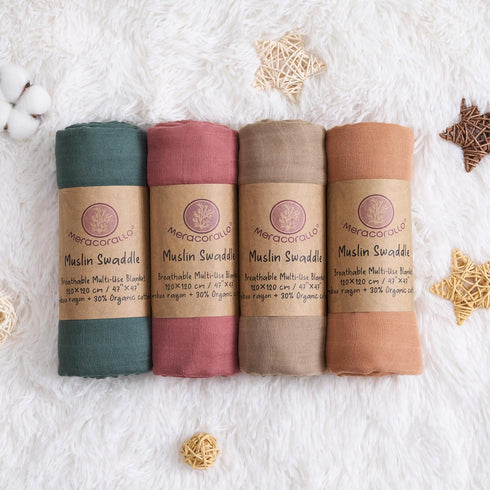 4 Pack 47 47 inches Meracorallo Muslin Swaddle Blanket, Neutral Swaddle Blankets, Silky Soft Receiving Blanket, Soild