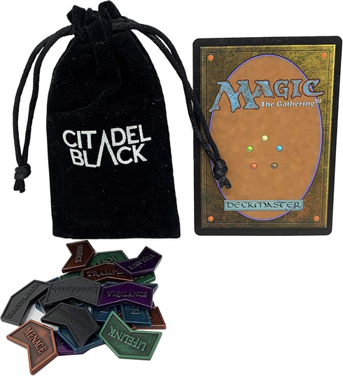 Citadel Black MTG Keyword Counters Set of 24 Metal Tokens with Velvet Drawstring Pouch, Antique Finish