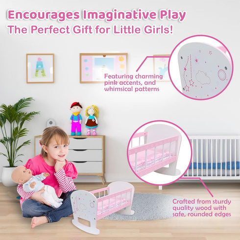 Baby Doll Crib Toy Wooden Play Rocking Cradle with Mattress Pillow & Blanket for 18” Doll