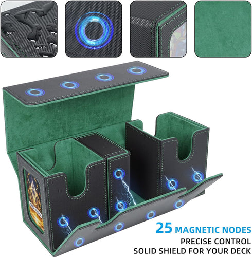AFIING MTG Commander Card Storage Box - Fits 200 Double Sleeved Cards, Black/Green with 4 Dividers & 2 Toploaders