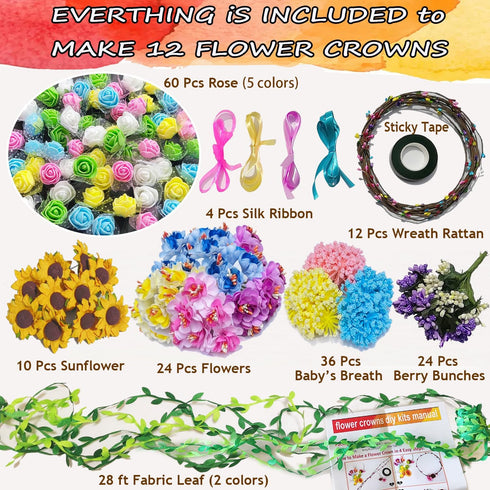 WUBOMJIO Flower Crowns Craft Kit, Make Your Own 12 PCs Floral Crowns for Kids and Teens
