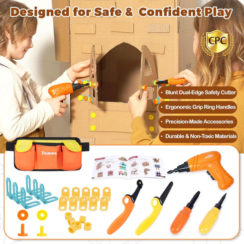 Set -258PCS, Kids Cardboard Construction Tool with Electric Drill & Tool Belt STEM Building Kit for Creative Craft