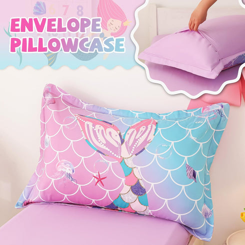 Set 4-Piece Sets Set, VIVILINEN Toddler Bedding for Girls Mermaid Tail Toddler Comforter for Baby Purple Blue Toddler