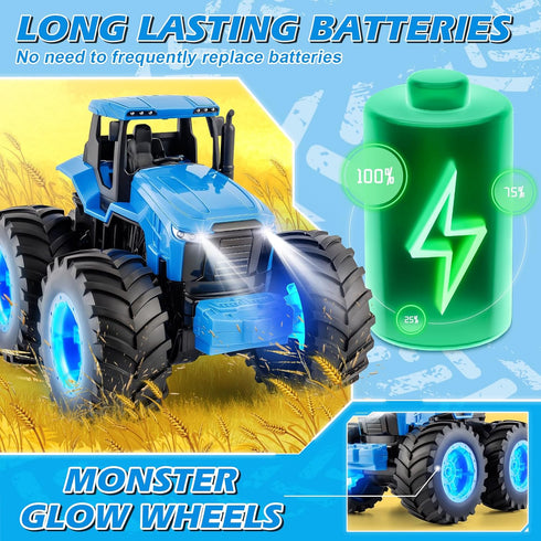 BAYSING 3, 4, 5, 6, 7 Remote Control Monster Tractor Toy for years old, Blue Light Up Monster Trucks Toy with LED