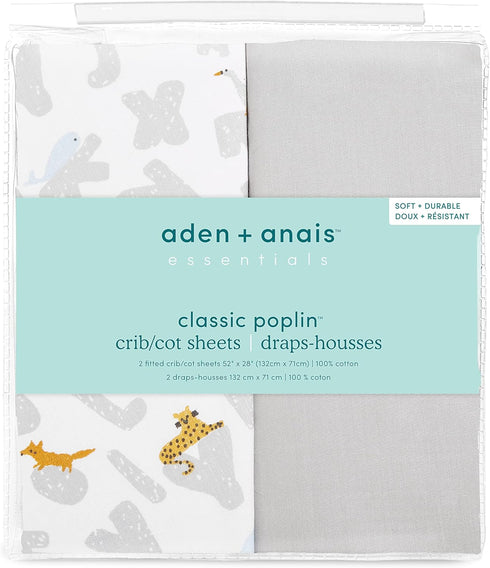 100% 2 Pack, aden + anais Essentials Classic Poplin Crib Sheets, Cotton Fitted Sheet, Standard Crib Mattress Topper