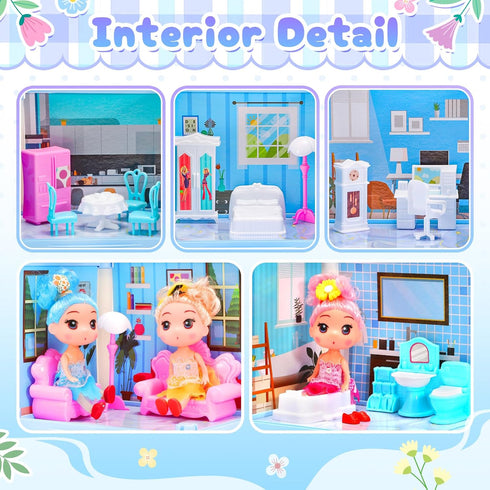 AmiDear 4-Story 11 Playset 3 4 5 6 7 8 9 10 Dollhouse with Rooms, Dream Gift Princess Doll House with Furniture, Blue