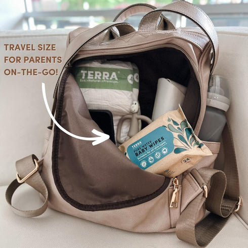 PACK: 99.7% 100% 0% 1 PACK 120 Terra Bamboo Baby Wipes TRAVEL Pure, Pure New Zealand Water, Biodegradable Bamboo Fiber