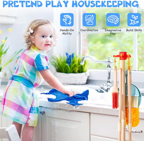 Set Toddlers,8 Set, 3+ Wooden Kids Cleaning for Pieces Montessori Cleaning Toys with Kids Broom and Mop Housework