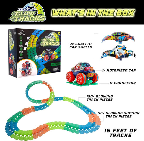 USA Toyz Zero-G Glow Race Track for Kids - 210pcs Glow in the Dark Flexible Race Car Track Set with Suction Cups, Slot