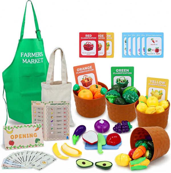 Pretend Farmer Market Toy, Color Sorting Set, Peel & Cut Fruit Vegtables,