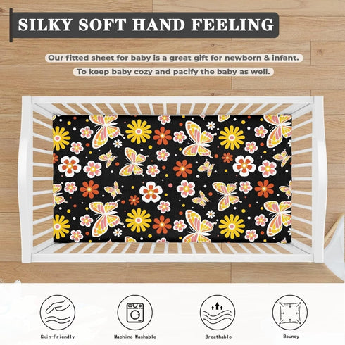 Psesaysky Set Butterfly Flowers Baby Fitted Crib Sheets Stretchy Crib Mattress Protector Neutral Toddler Nursery Sheet
