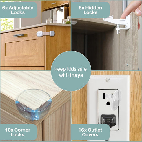 Pack Inaya Complete Baby Proofing Kit - Child Safety Hidden Locks for Cabinets & Drawers, Adjustable Safety Latches