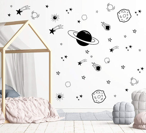 Planet Wall Decal for Boys Room Decor, Outer Space Vinyl Wall Decals, Star Stickers for Kids Bedroom, Nursery (Black)
