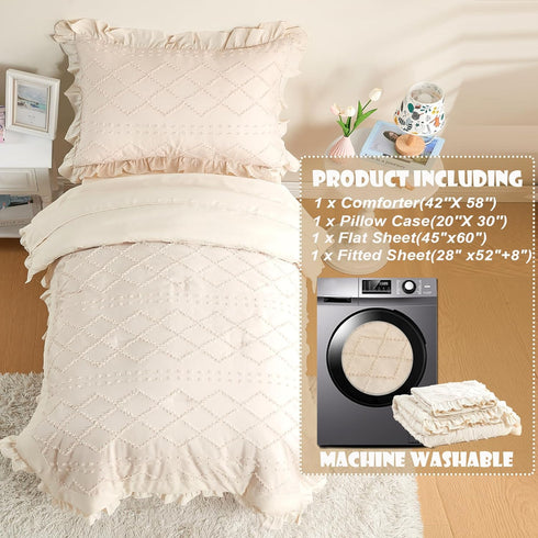 Set 4-Piece Set Set Toddler Bedding for Girls Beige Boho Tufted Toddler Comforter Jacquard Tufts Ruffle Fringe