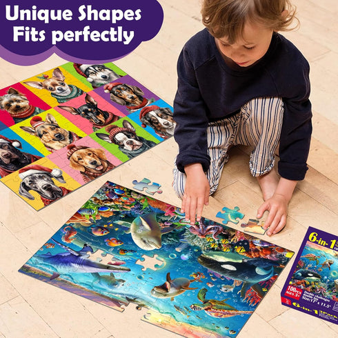 Biorgur 4-6 6-8,3 Pack 100 8-10 (6-in-1),Learning Girls,17 11.5 Puzzles for Kids Ages and Pieces Double Sided Jigsaw
