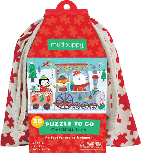 Mudpuppy Christmas Train to Go Puzzle, 36 Pieces, 12” x 9” for Ages 3-6, Colorful Holiday Artwork