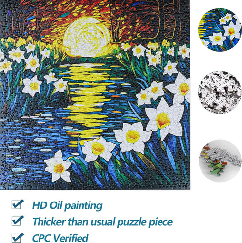 Bgraamiens 1000 Pieces Puzzle - Moonlight Daffodils - Square Stained Glass Art Puzzle for Adults and Kids