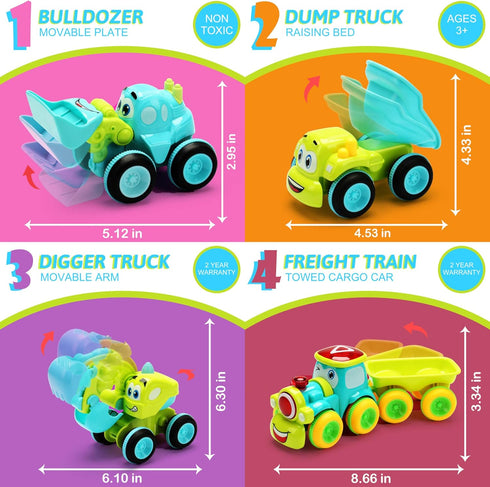 Friction Powered Trucks for 2 Year Old Boys, 4 Cartoon Construction Vehicles, Push & Go Cars Set