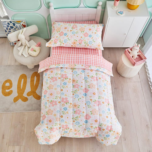 Joyreap 4 Set Set, Piece Cotton Toddler Bedding for Girls, Pink Flowers Design, Soft n Breathable Cotton Toddler