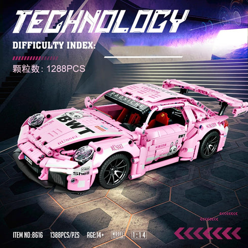 Pink Technic Super Sports Car Building Block Model, 1288pcs, 1:14, Adult Collector Car Model