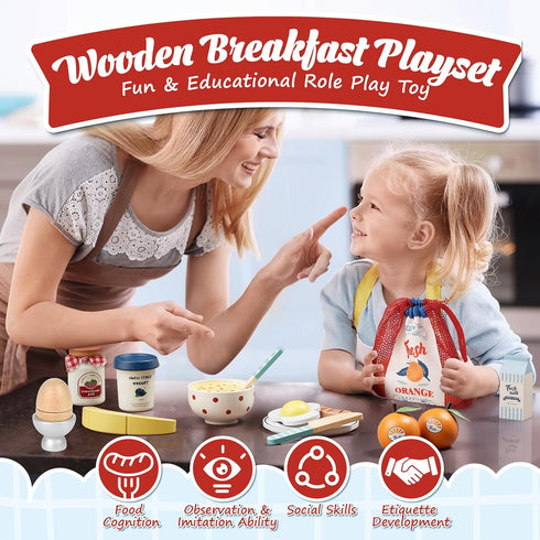 Set 3-5 Lehoo Castle Wooden Play Food - Montessori Cutting Fruit Egg Bread, Pretend Breakfast Food Toys for Kids